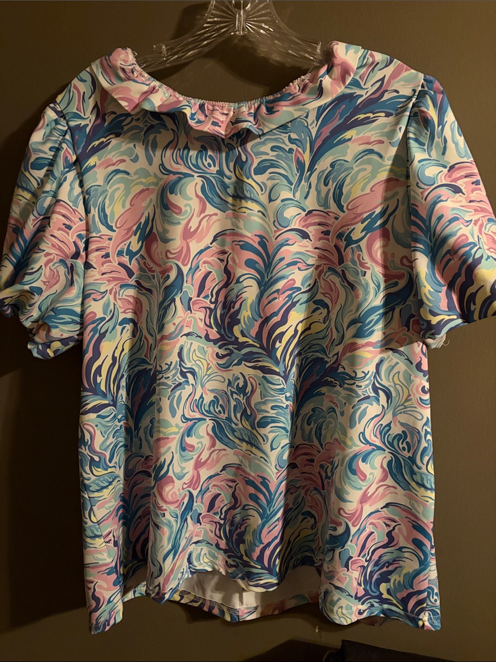Simply Southern Pastel Swirl Short Sleeve Ruffle-Neck Top large